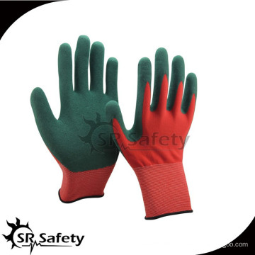 SRSAFETY weiche 13 gauge rote Nylonbeschichtung grüner Latexschaum beschichtete billige Arbeitshandschuhe / Sicherheitshandschuhe